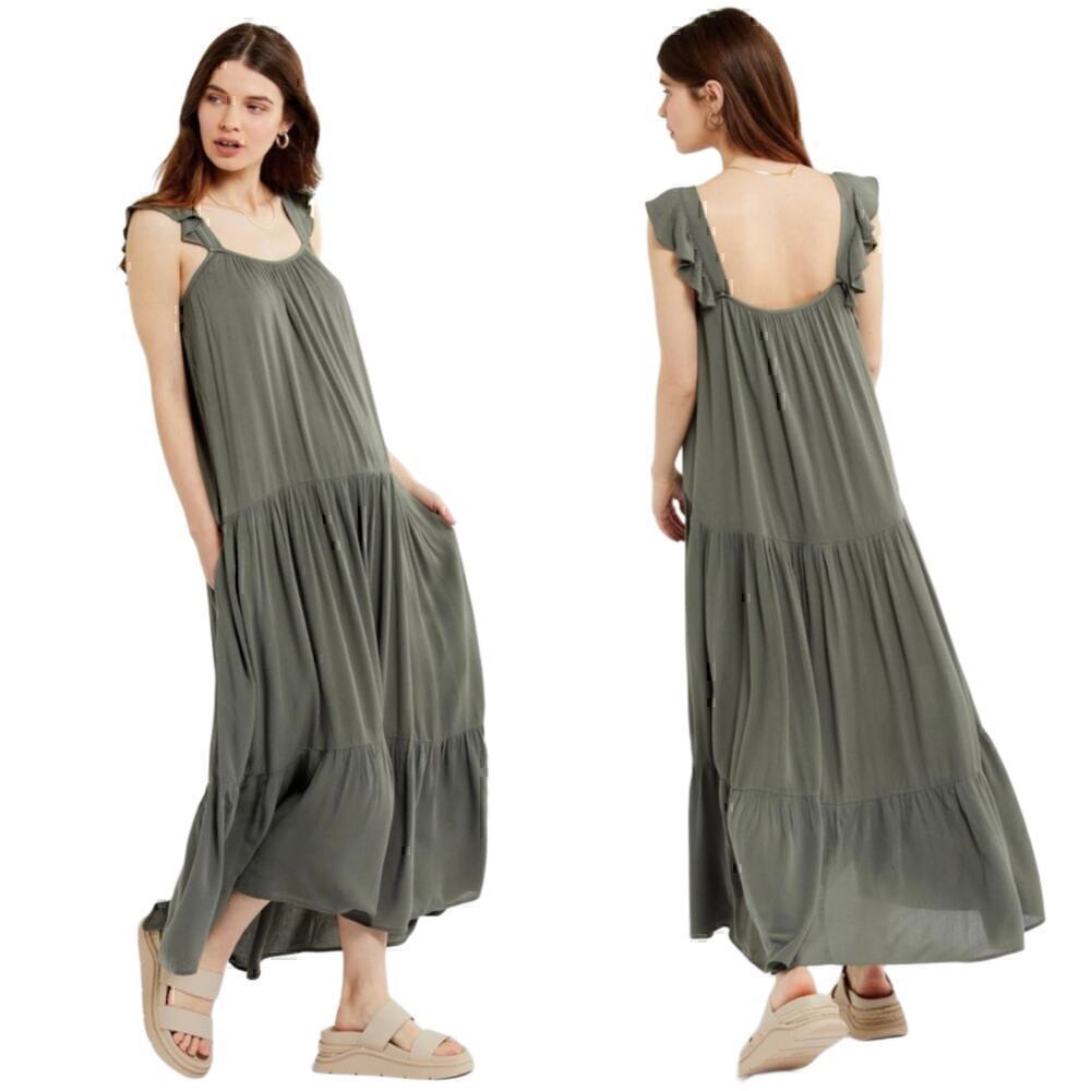 BB Dakota Ella Green Gauzy Textured Flutter Sleeve Tiered Maxi Dress Size Medium